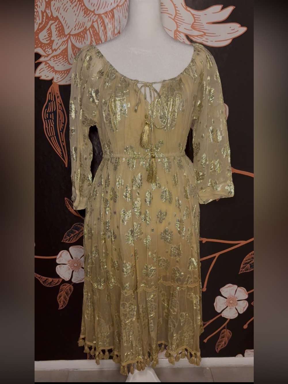 NWT BEAUTIFUL Metallic Gold Off-Shoulder Tie-Front Dress - Picture 3 of 8